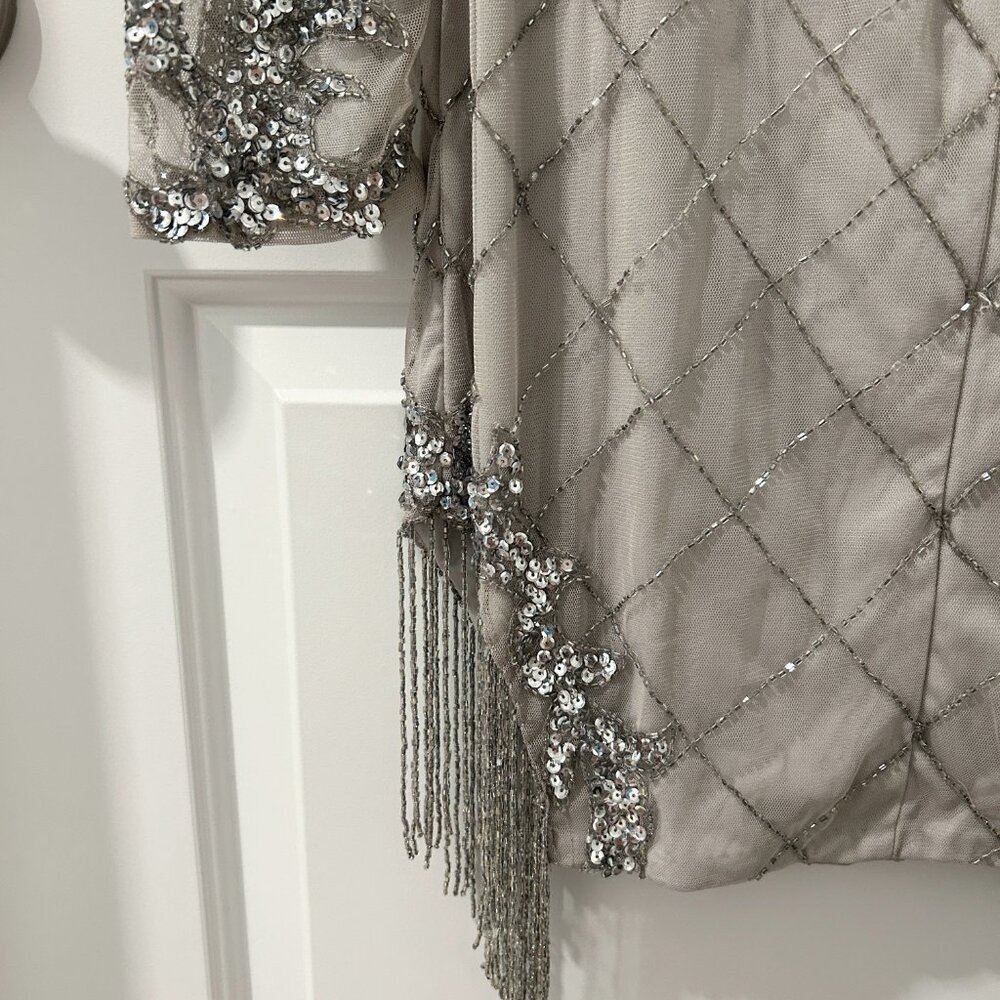 Boohoo Beaded Tassel Silver Mini Dress Long Sleeve - Picture 9 of 12